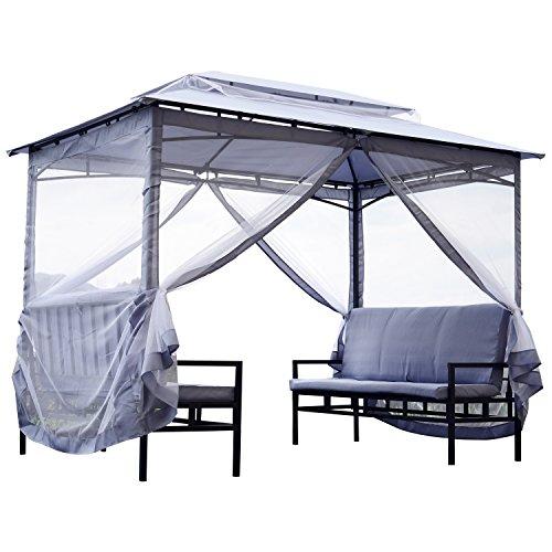 Outsunny Gazebo da Giardino con 2 Panche Imbottite Doppio Tetto e Zanz...